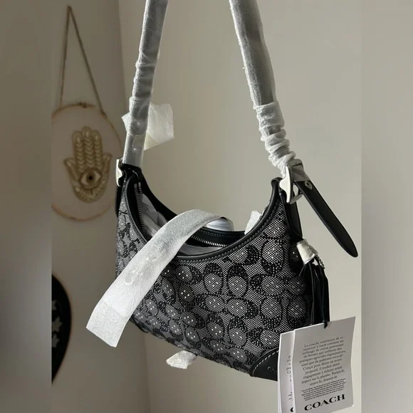 Coach Black Crystal Signature Jacquard Hamptons Hobo Shoulder Bag - Picture 9 of 9